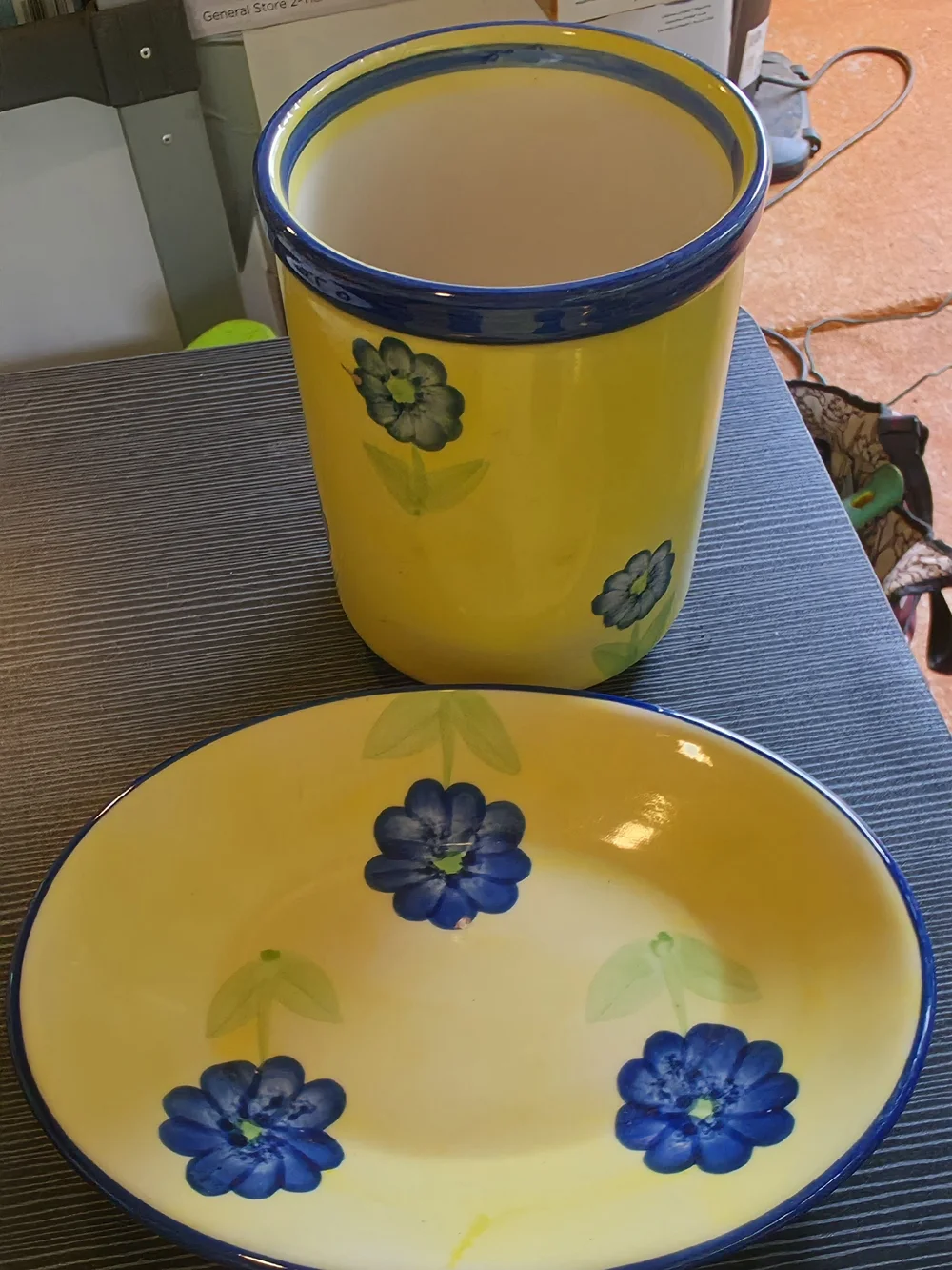 Yellow Ceramic Canister and Serving Bowl with Blue Floral Accents